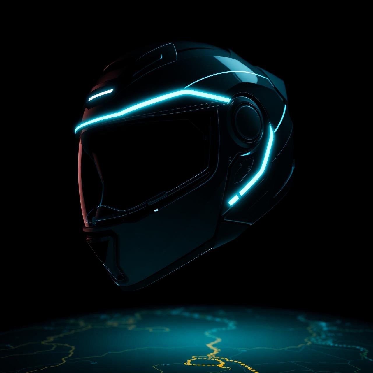 Zyride smart helmet floating with cyan route glow